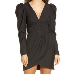 Lavish Alice Black Ruched Wrap Dress with Puff Sleeves